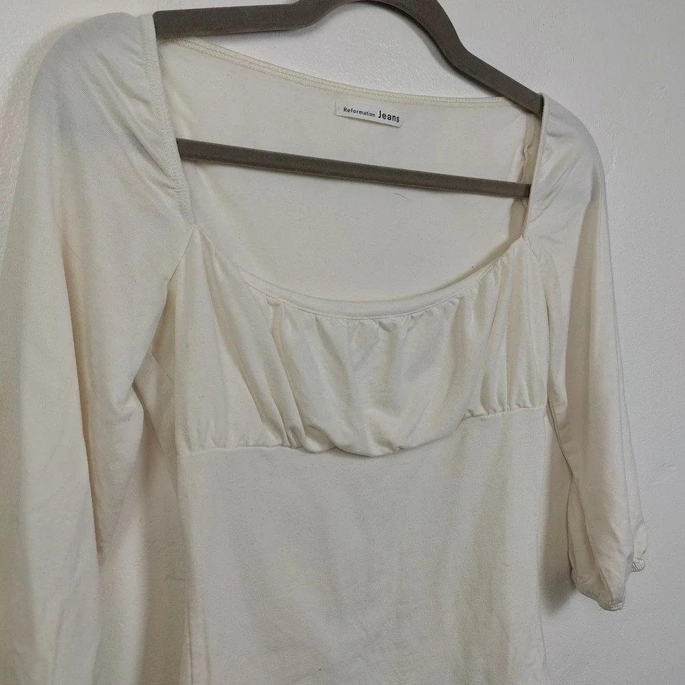Reformation Mari Tencel‎ Jersey Top Womens XS Cream Square Neck 3/4 Sleeve